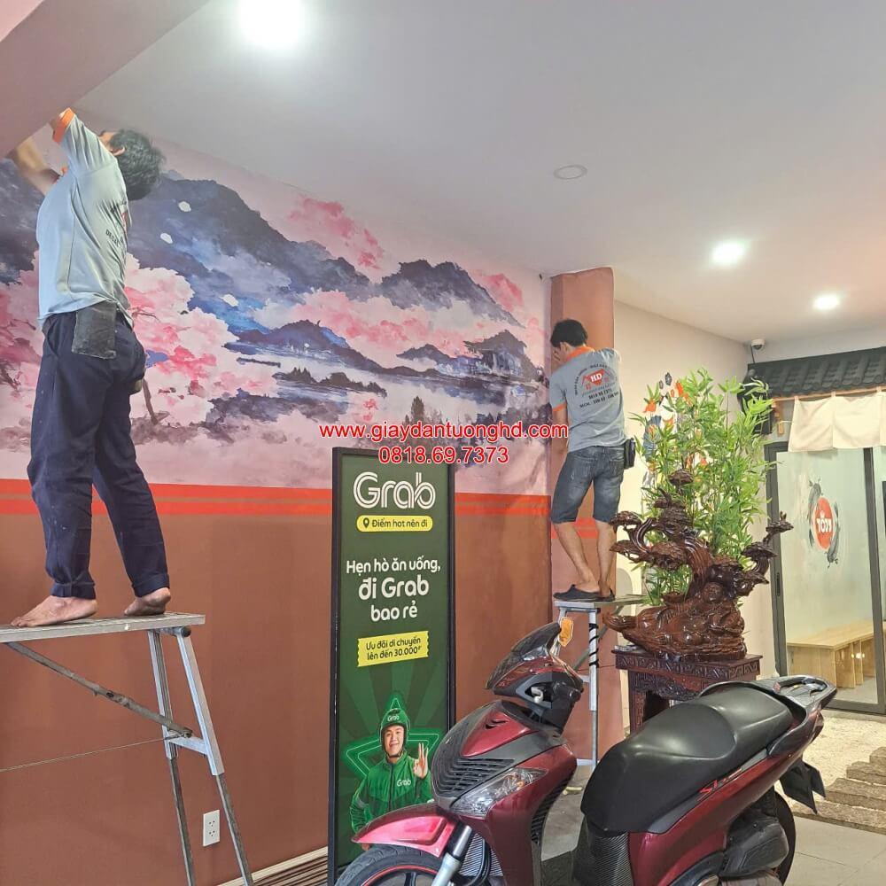 Giấy dán tường HD thi công tranh 3D núi Phú Sĩ và hoa anh đào tại quận Phú Nhuận