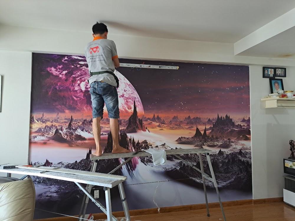 Thi công tranh dán tường #D hình vũ trụ
