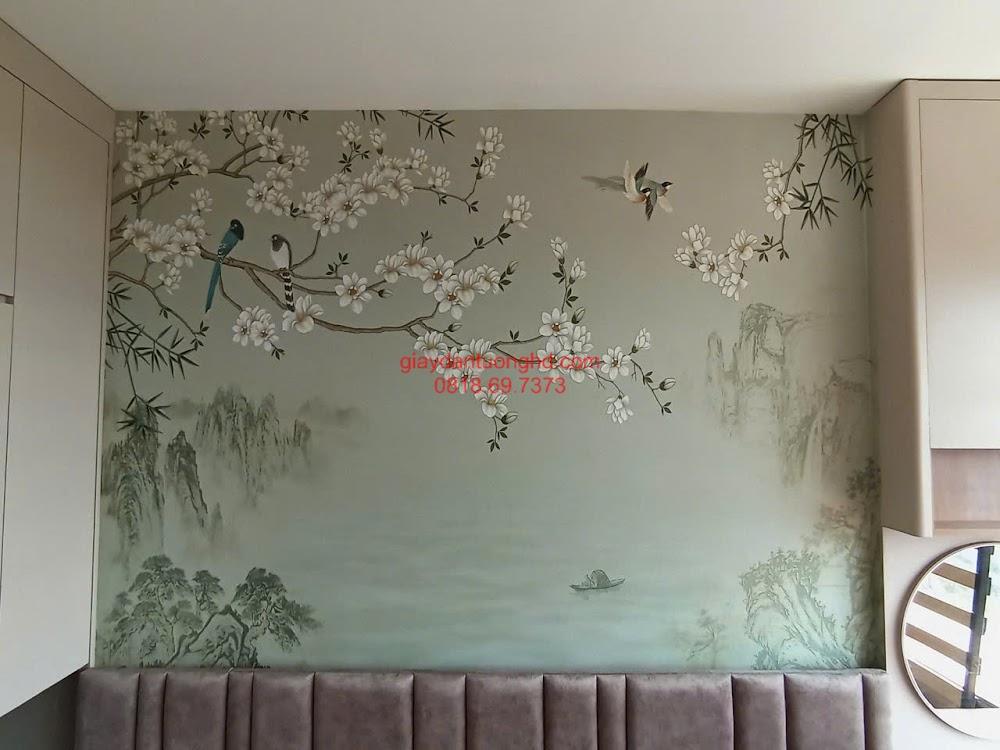 Thi công tranh dán tường 3D phong cảnh sơn thủy hữu tình họa tiết hoa mai trắng vách đầu giường ngủ