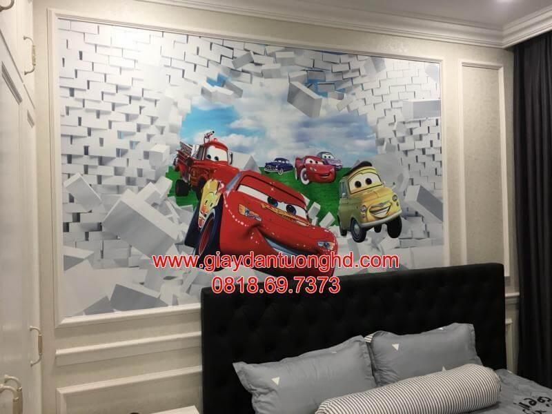 thi công giấy dán tường hình xe hoạt hình nhiều màu sắccho phòng bé trai