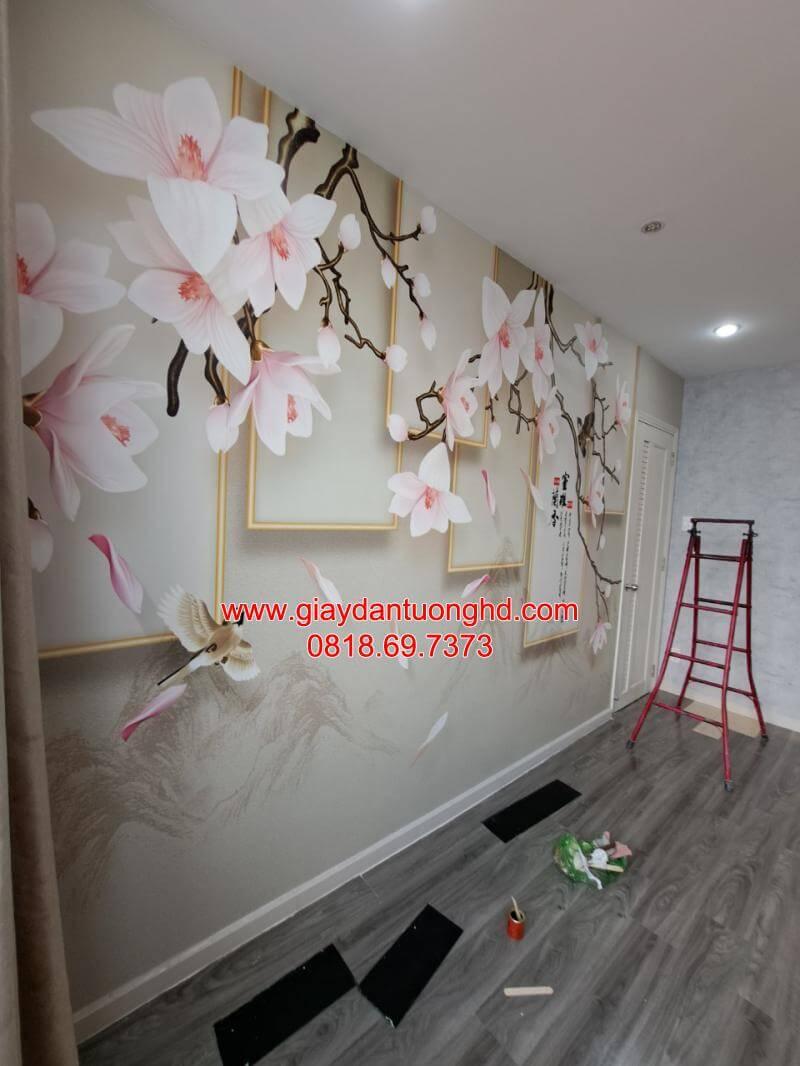 Thi công tranh dán tường 3D hoa mộc lan giả ngọc cho phòng khách căn hộ tại Bình Thạnh
