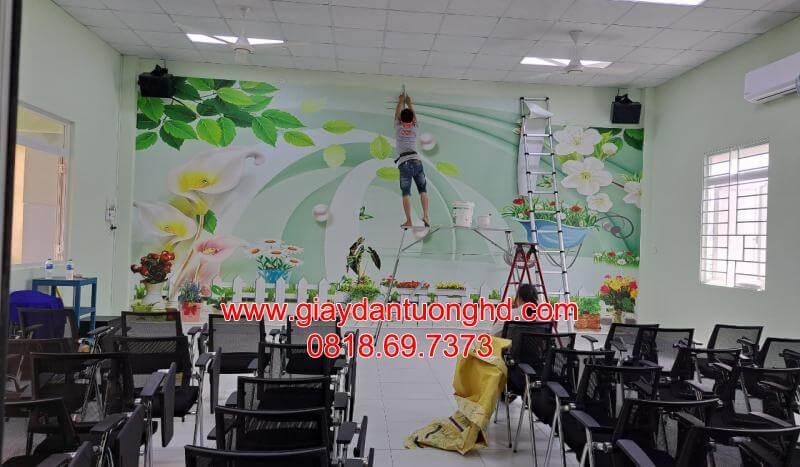 Thi công tranh dán tường 3D phong cảnh hoa cỏ cho phòng họp tại Phú Nhuận