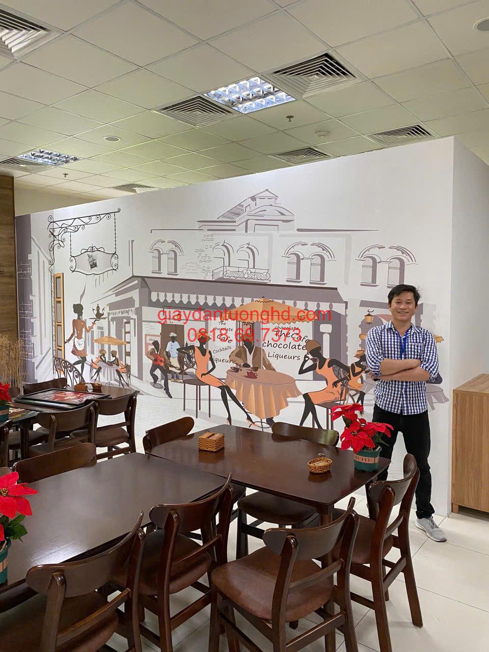 Thi công tranh dán tường 3D họa tiết phố cà phê cổ điển châu Âu cho không gian quán cafe.