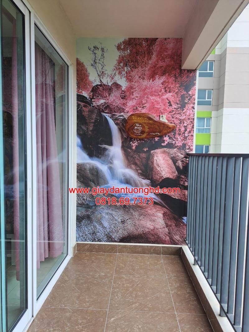 Thi công tranh dán tường 3D phong cảnh thác nước rừng cây tại ban công căn hộ chung cư Bình Thạnh
