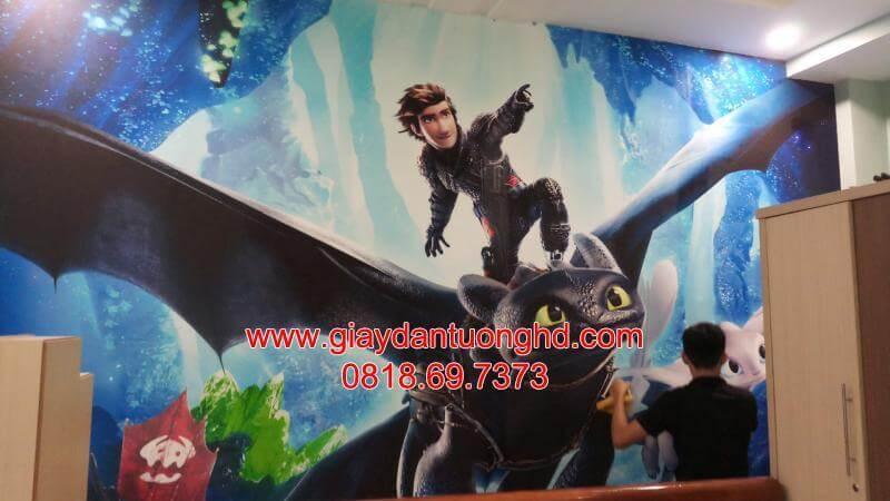 Tranh dán tường 3D phòng ngủ trẻ em in hình nhân vật Hiccup cưỡi rồng Toothless trong phim Bí Kíp Luyện Rồng