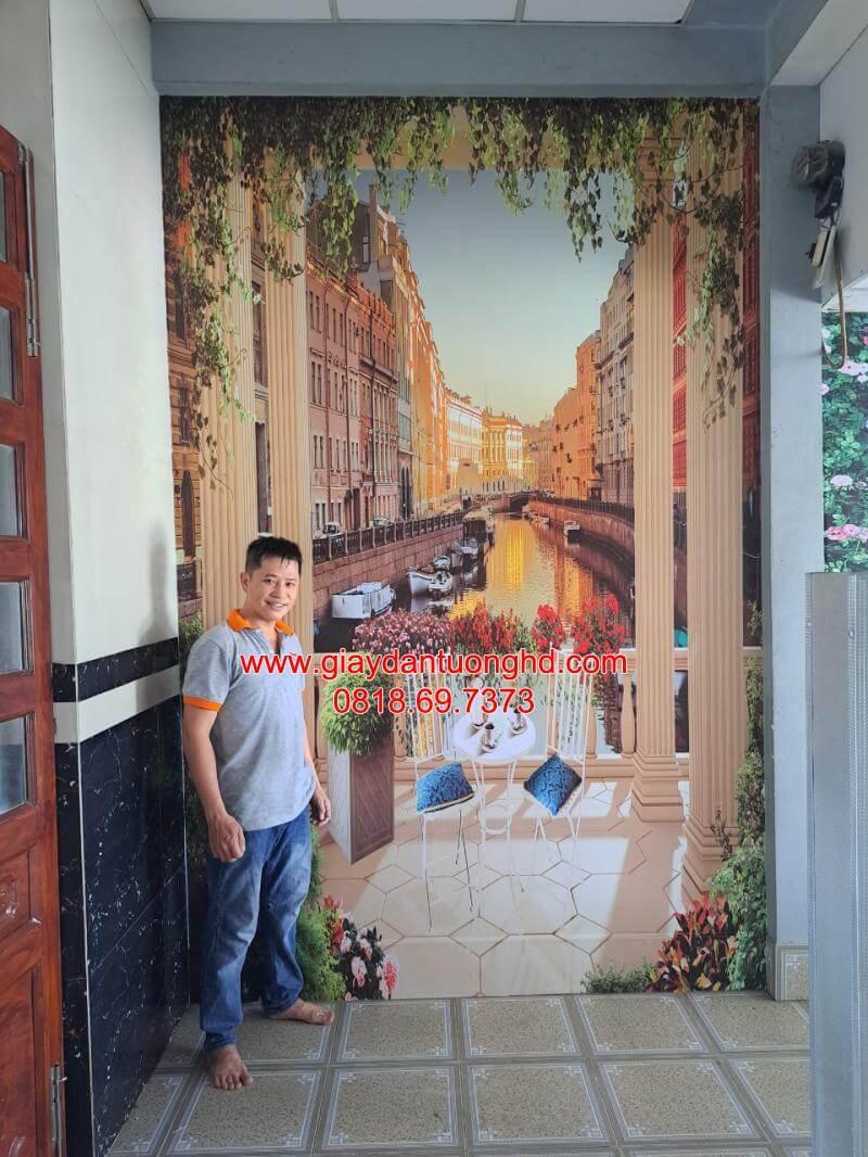 Thi công tranh dán tường 3D phong cảnh thành phố Châu Âu tại Phú Nhuận