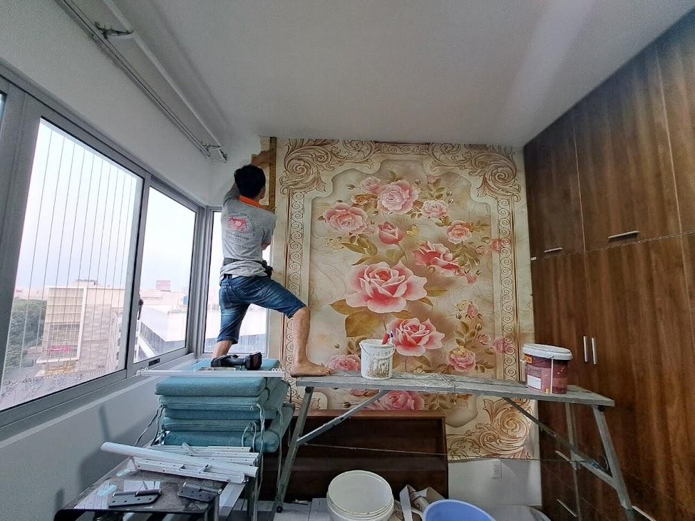 thi công tranh dán tường 3D họa tiết hoa hồng tân cổ điển lồng khung giả ngọc phòng ngủ