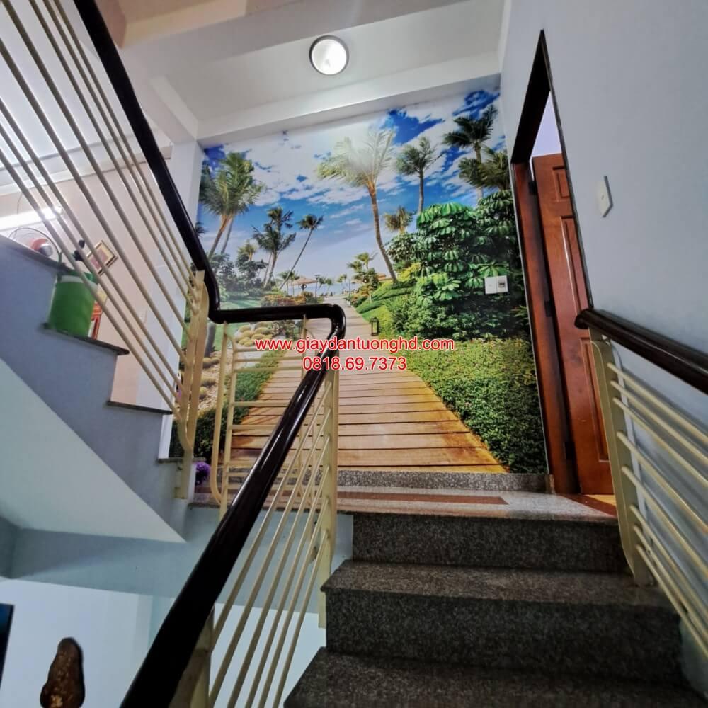 Thi công tranh dán tường 3D phong cảnh biển cầu thang tại Phú Nhuận