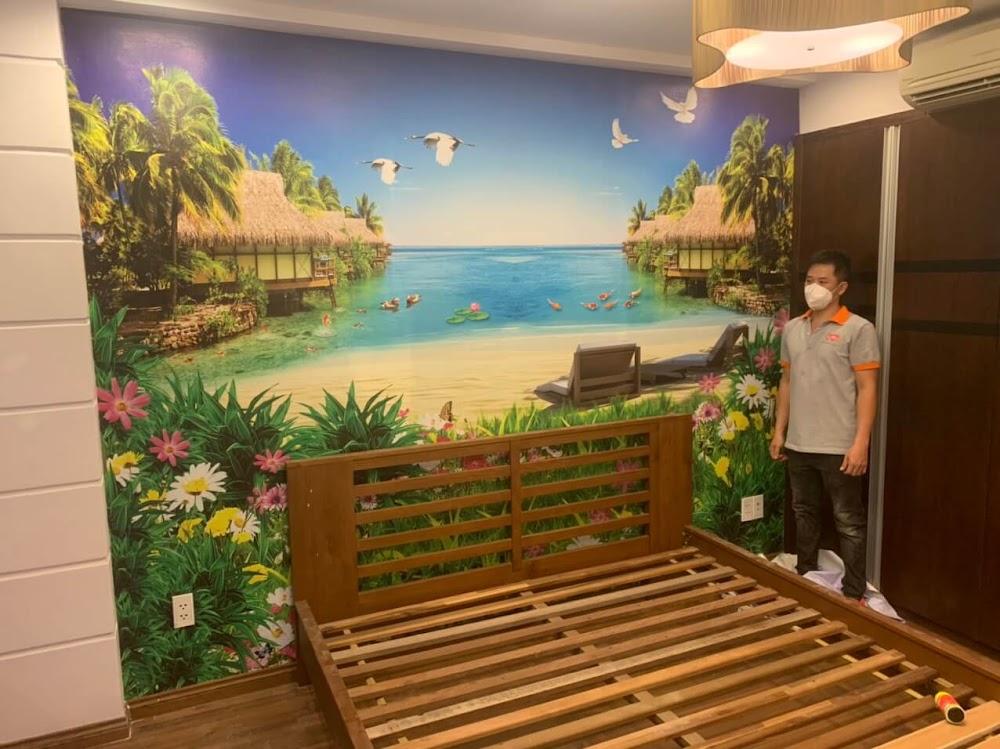 Thi công tranh dán tường 3D phong cảnh resort biển xanh cát trắng vách đầu giường phòng ngủ