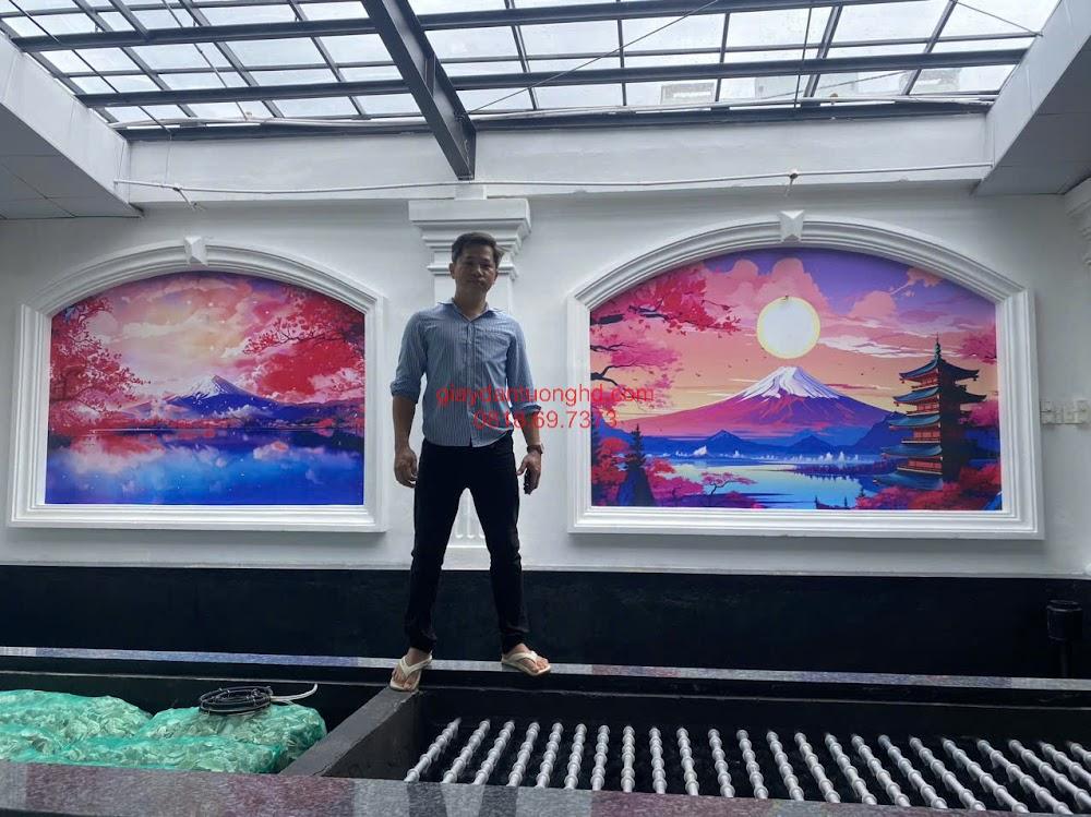 Tranh dán tường 3D núi Phú Sĩ và hoa anh đào, mang phong cách Nhật Bản tinh tế vào không gian sống.