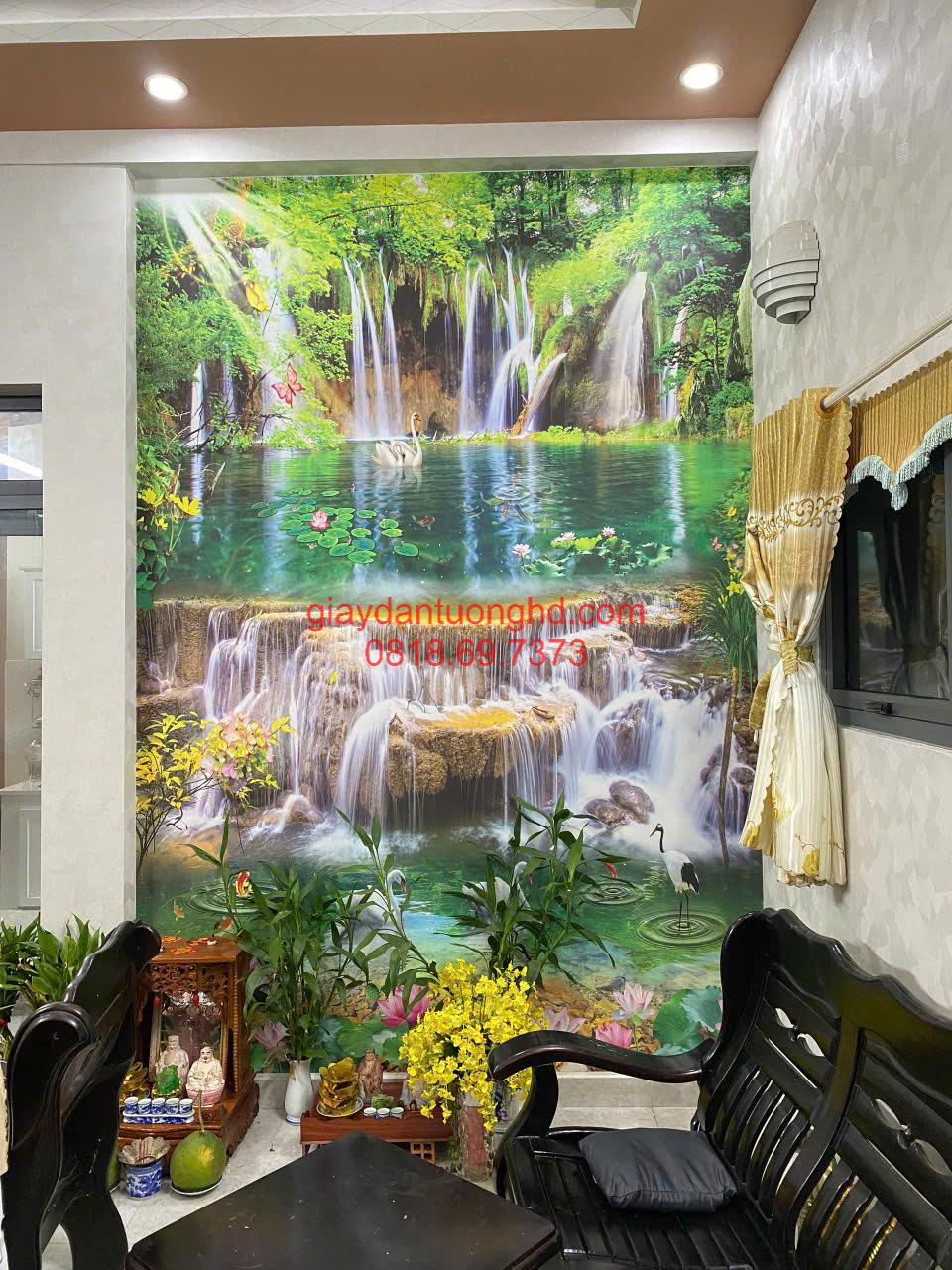 Thi công tranh dán tường 3D phong cảnh thác nước sơn thủy hữu tình tạo vách điểm nhấn phòng khách