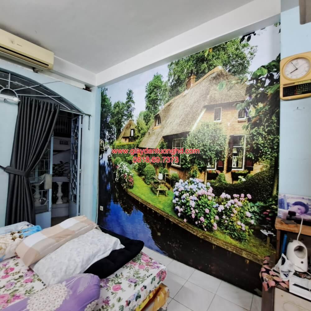 Tranh dán tường 3D phong cảnh ngôi nhà cổ Châu Âu bên sông trang trí phòng ngủ ấm cúng