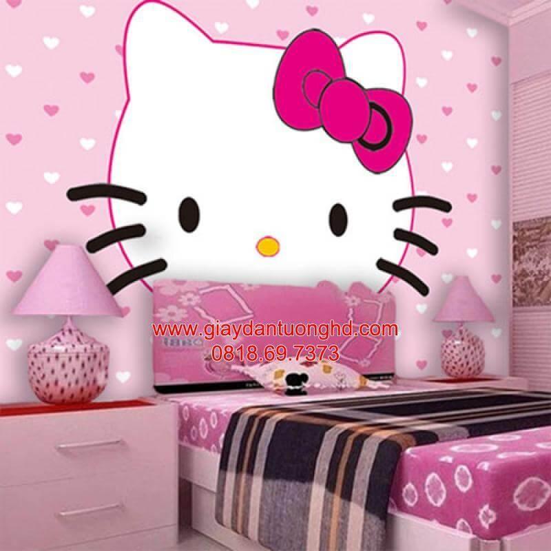 Giấy dán tường Hello Kitty màu hồng họa tiết trái tim đáng yêu trang trí phòng ngủ bé gái