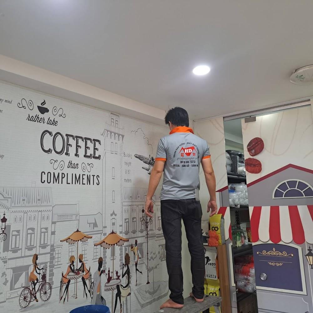 thi công tranh giấy dán tường cho quán cà phê ở Quận 2