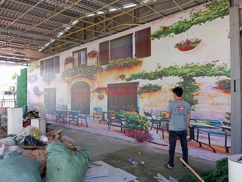 Thi công tranh dán tường 3D phong cảnh quán cafe góc phố Châu Âu cổ kính khổ lớn ngoài trời