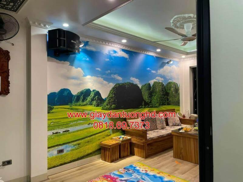 Tranh dán tường 3D phong cảnh sơn thủy núi non Tràng An Ninh Bình vách điểm nhấn phòng khách