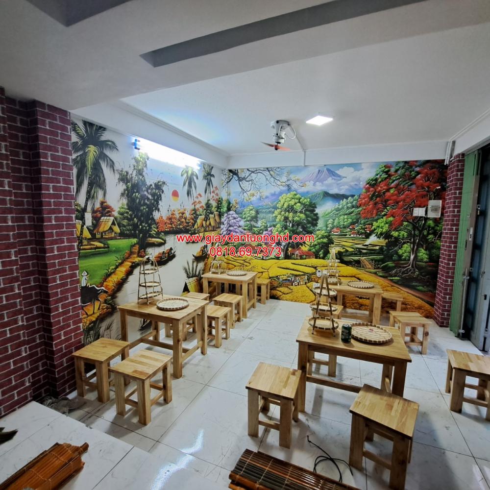 Thi công tranh dán tường 3D phong cảnh làng quê Việt Nam đồng lúa chín vàng cho quán ăn