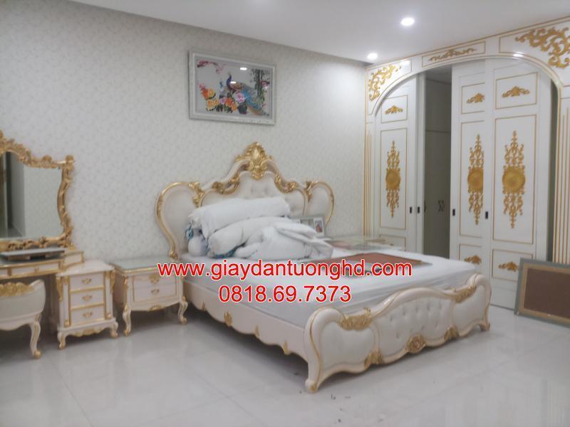 thi công giấy dán tường phòng ngủ