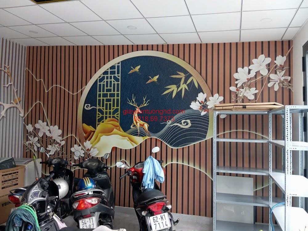 Tranh dán tường 3D phong thủy hươu vàng tài lộc cho không gian văn phòng hoặc phòng khách thêm sang trọng.