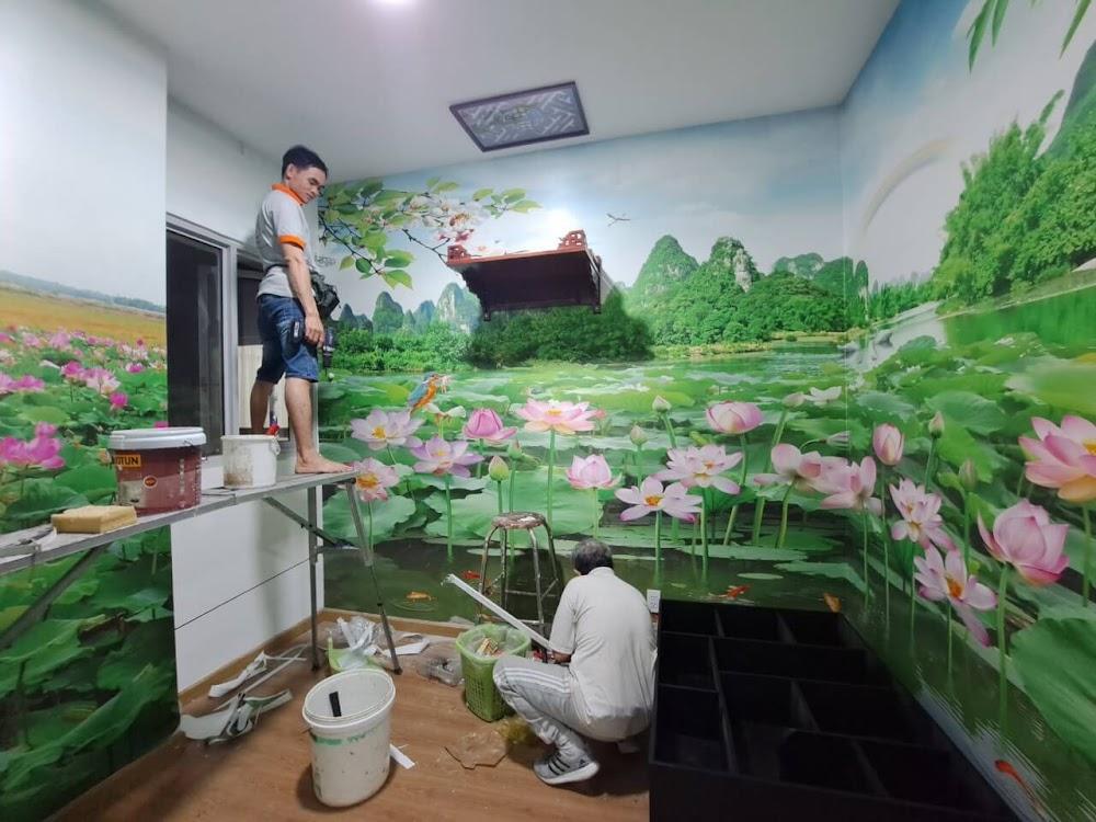 Thi công tranh dán tường 3D phòng thờ cảnh đầm sen núi non trang nghiêm tại Bình Thạnh