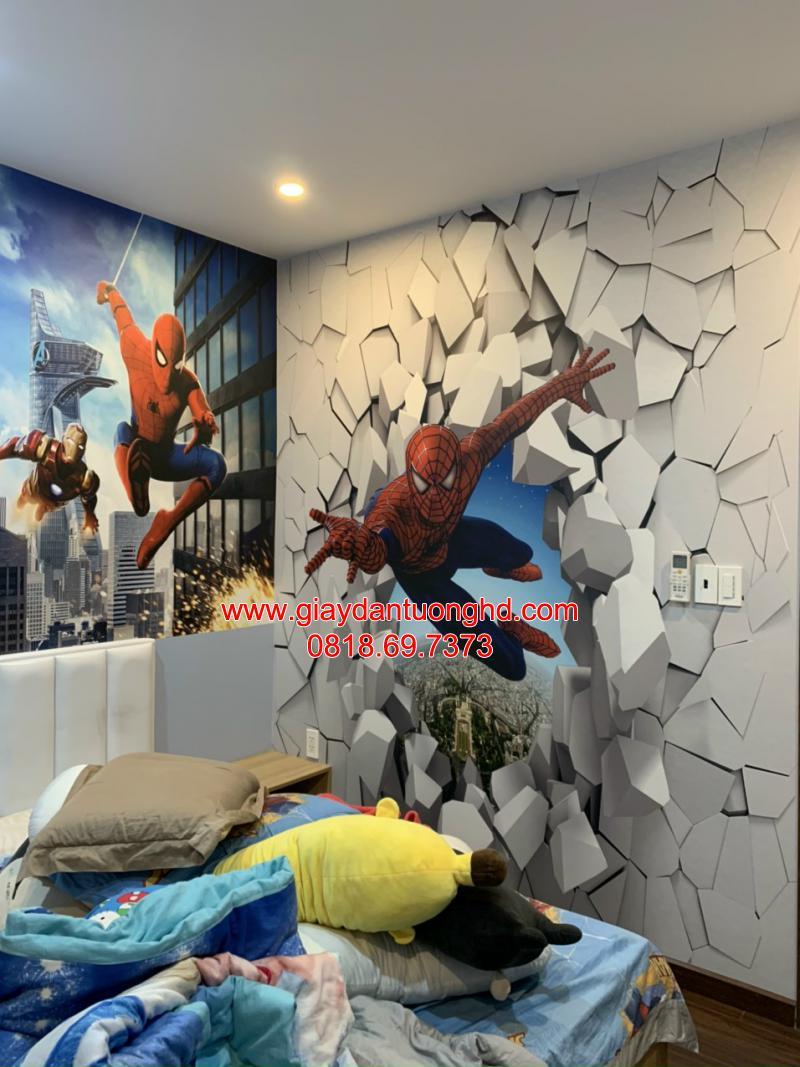 thi công giấy dán tường người nhện cho bé trai tại Zeit River Thủ Thiêm