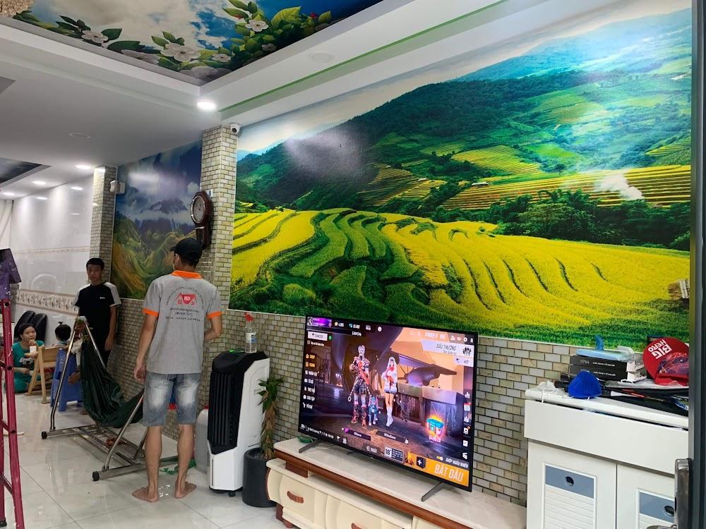 Thi công tranh dán tường 3D ruộng bậc thang Mù Cang Chải chín vàng tạo điểm nhấn phòng khách