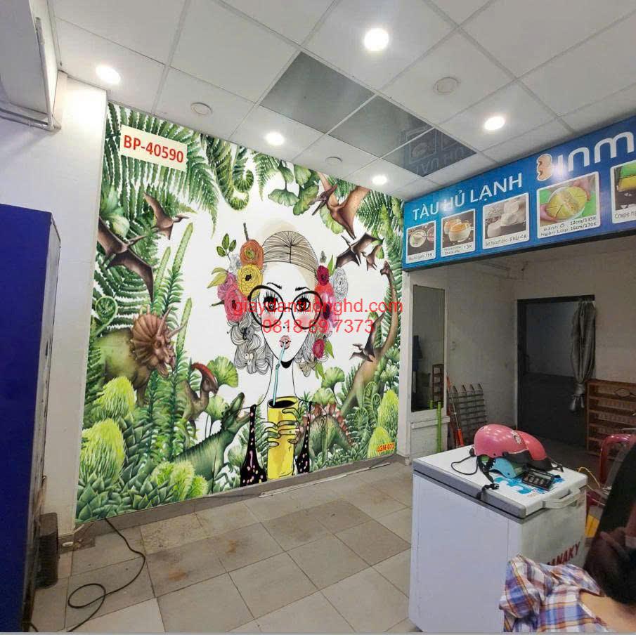 Thi công tranh dán tường 3D nghệ thuật cô gái uống trà sữa giữa rừng khủng long cho quán tàu hũ lạnh