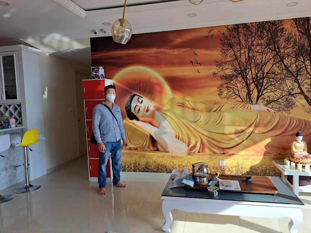 Thi công giấy dán tường hình phật nằm