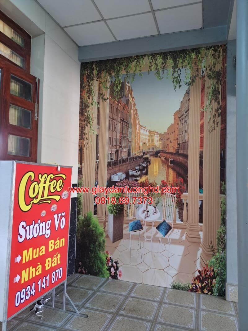 Thi công hoàn thiện bức tranh dán tường 3D phong cảnh ban công nhìn ra dòng sông ven phố cổ châu Âu cho không gian Coffee Sương Võ.