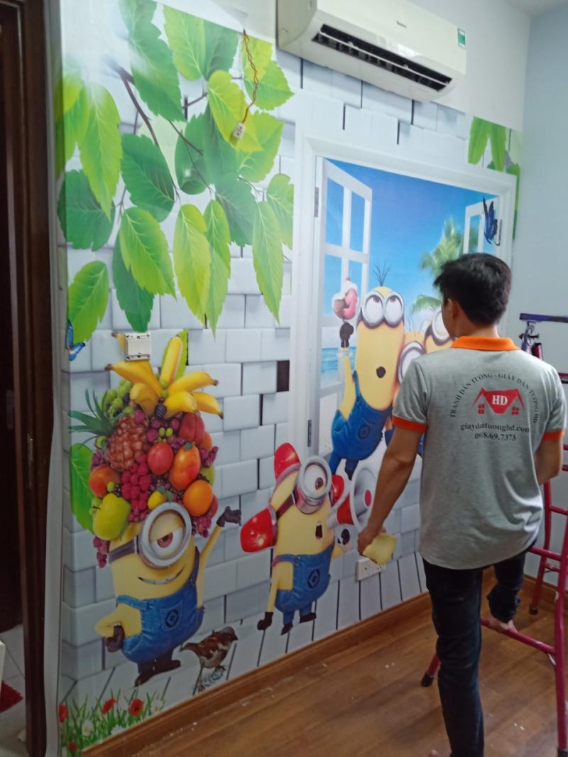 Thợ thi công tranh dán tường 3D hoạt hình Minions ngộ nghĩnh dễ thương cho phòng ngủ của bé