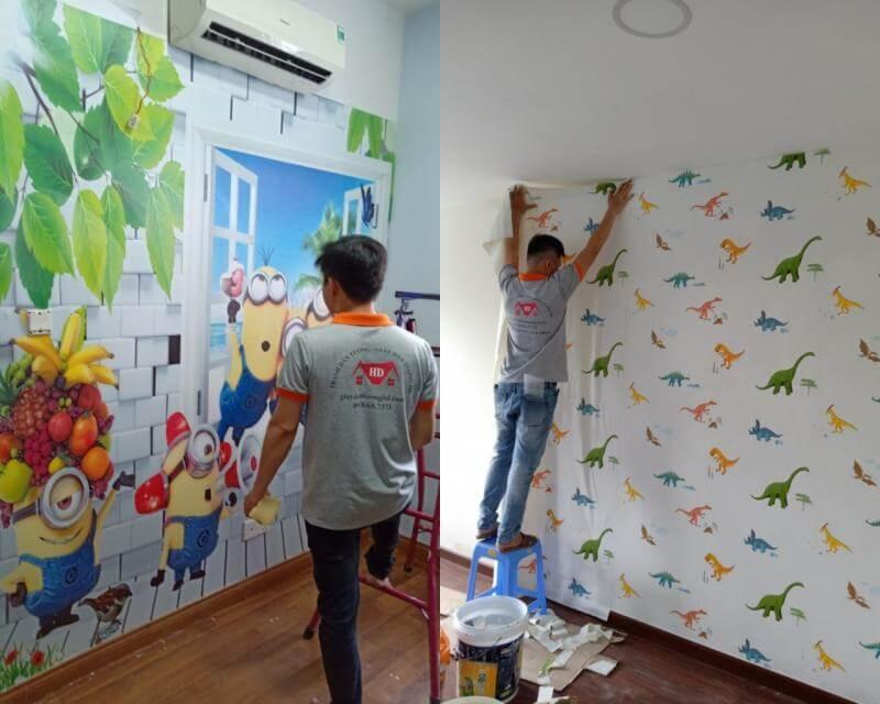 thi công tranh dán tường hình khủng long và Minion cho bé trai