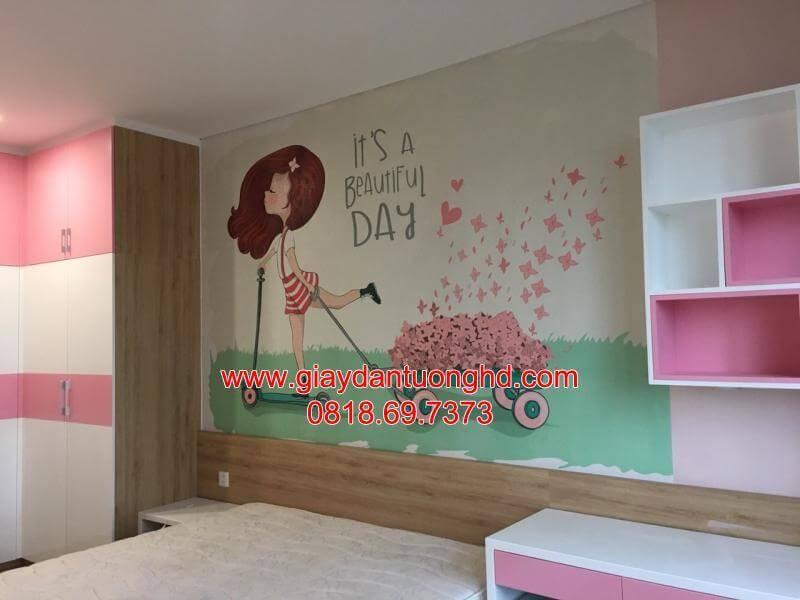 Tranh dán tường với tông màu hồng cho các bạn gái tuổi mộng mơ