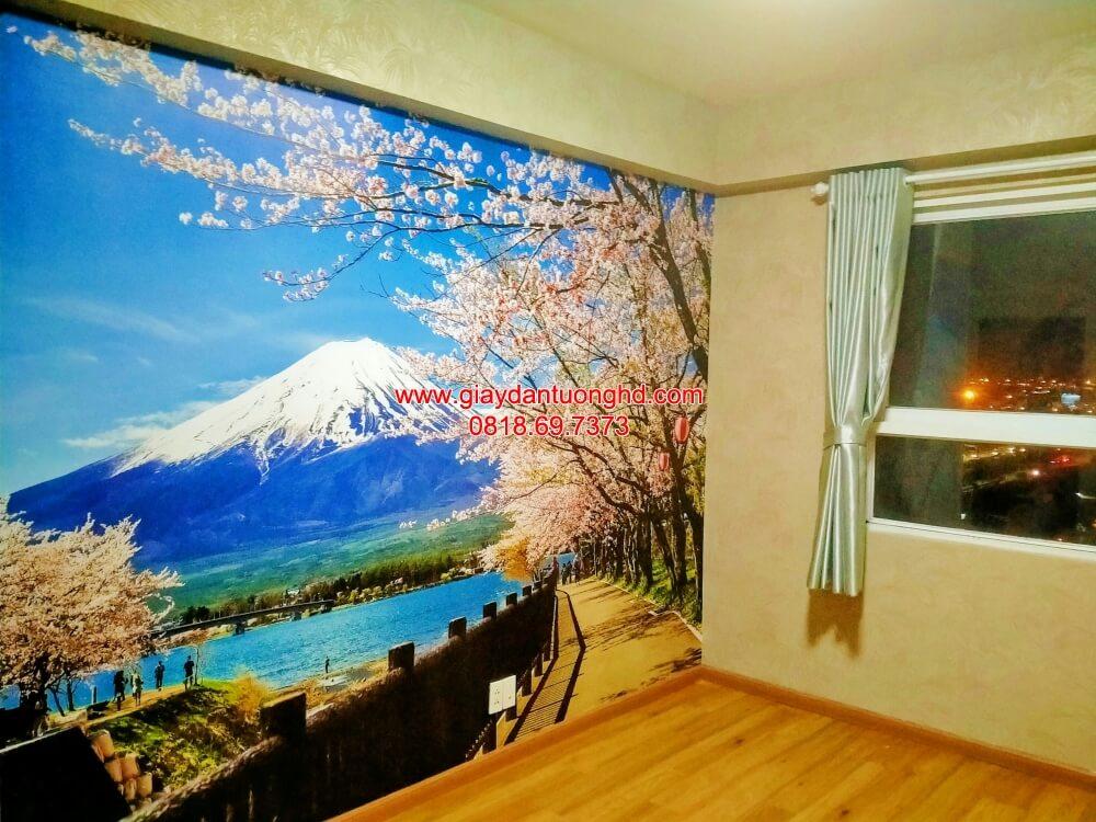 Tranh Dán Tường 3D Núi Phú Sĩ Hoa Anh Đào