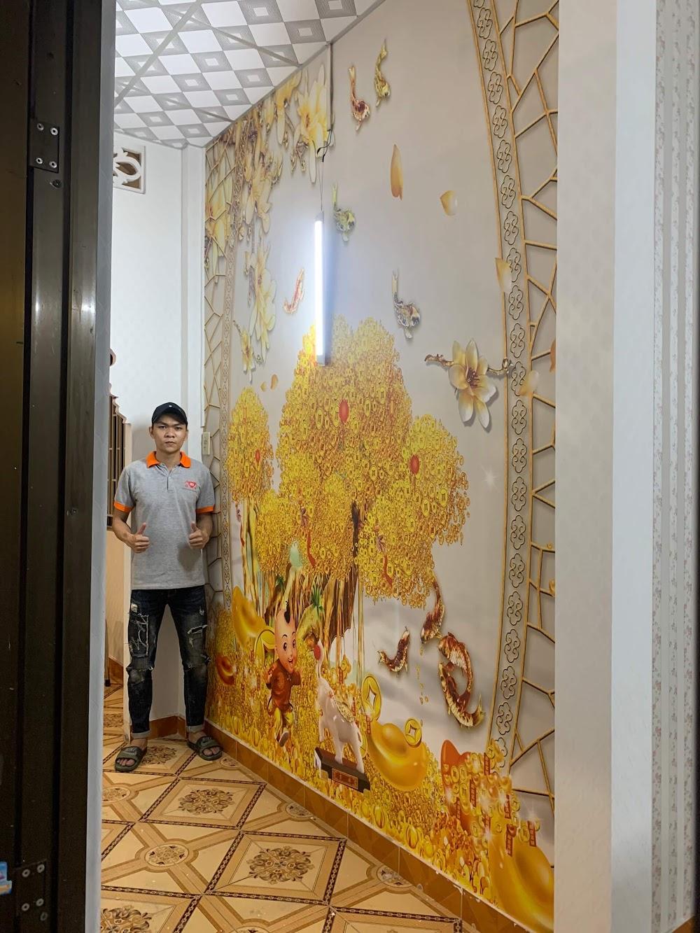 Thi công tranh dán tường 3D cây tiền vàng phong thủy cho phòng khách nhà phố tại Bình Thạnh