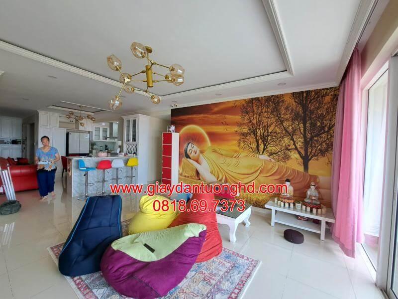 thi công tranh dán tường hình Phật nằm