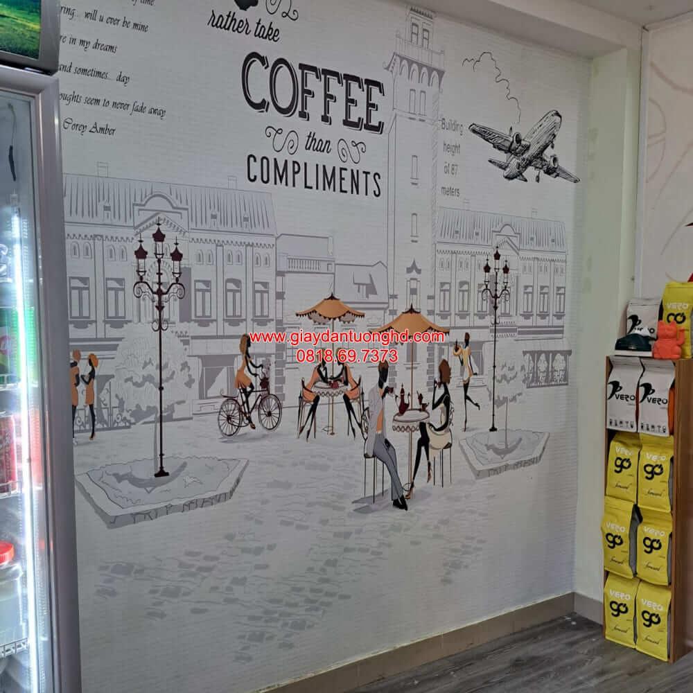 thi công giấy dán tường quán cà phê gần Đầm Sen