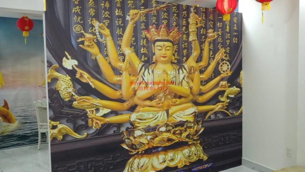 Tranh dán tường 3D phòng thờ hình Phật Bà Quan Âm Thiên Thủ Thiên Nhãn dát vàng trang nghiêm