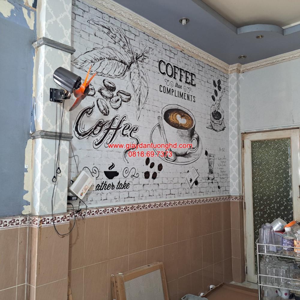 tranh dán tường giả gạch trắng phong cách sketch đen trắng vẽ tay hình ly cà phê và hạt cafe trang trí cho quán nước.