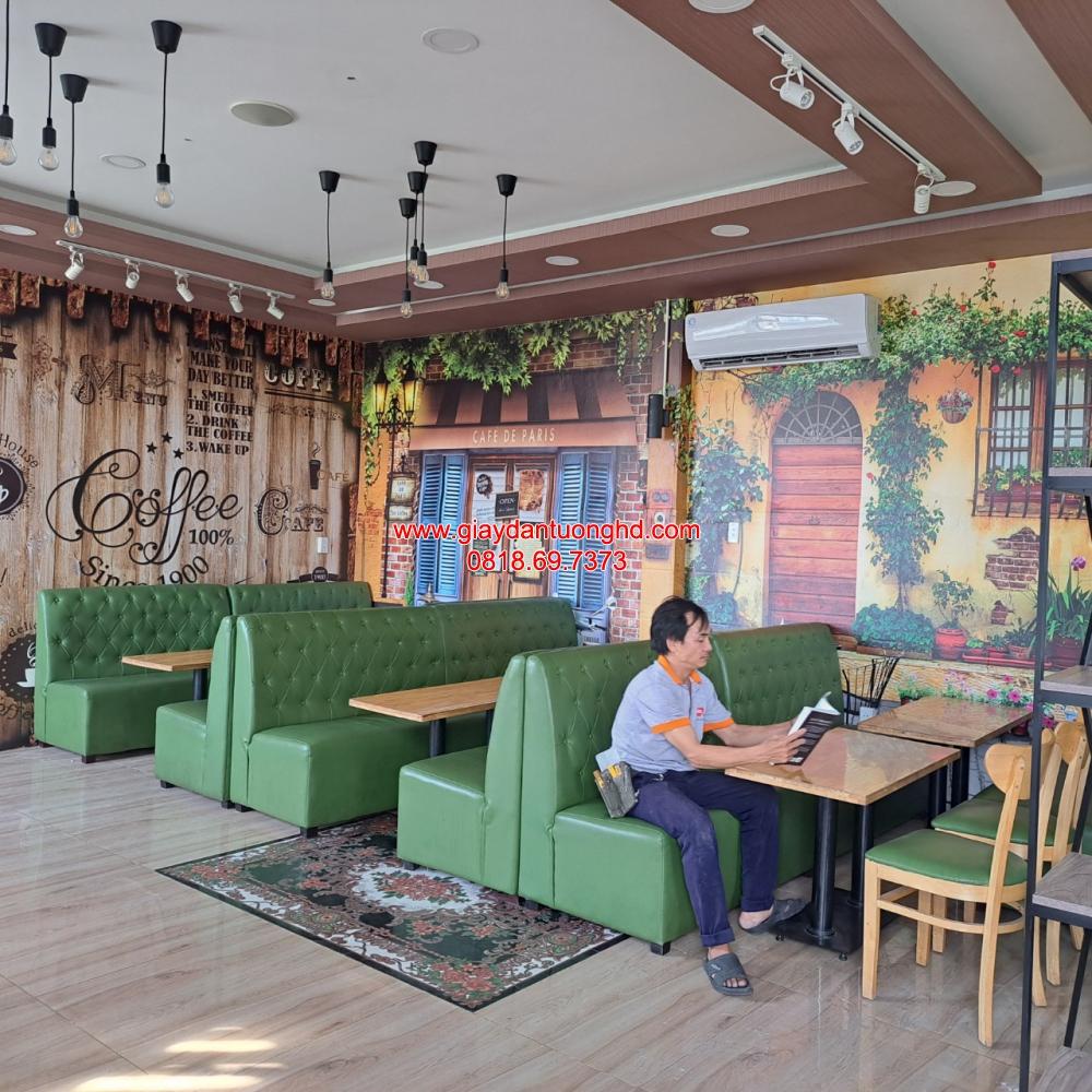 Thi công tranh dán tường 3D chủ đề phố cổ châu Âu và retro coffee cho quán cafe tại Bình Thạnh