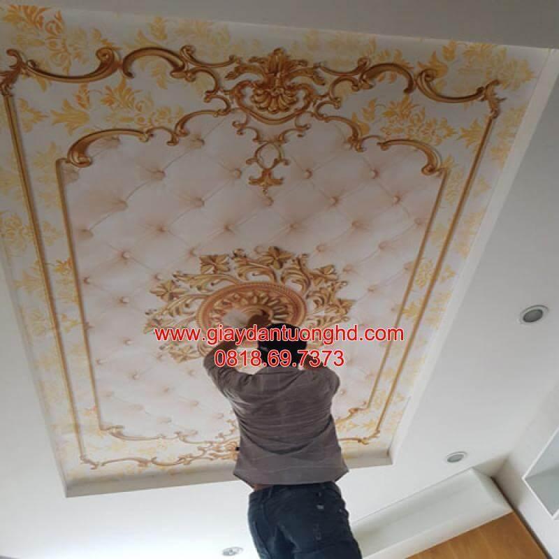 Quá trình thi công hoàn thiện mẫu tranh dán trần 3D họa tiết tân cổ điển giả phào chỉ và nệm rút nút sang trọng, giải pháp lý tưởng giúp tạo hiệu ứng vòm trần cao rộng và mang vẻ đẹp hoàng gia đẳng cấp vào ngôi nhà.