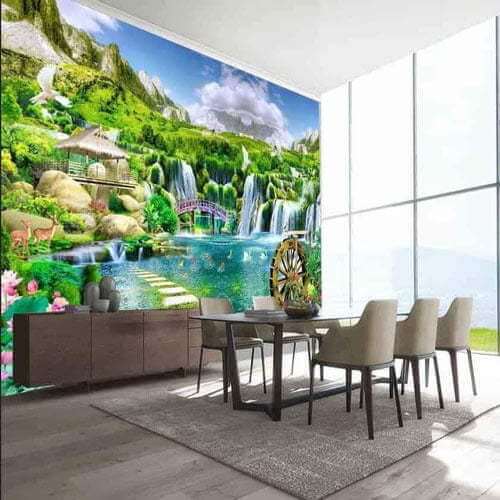 Mẫu tranh dán tường phong cảnh thiên nhiên thác nước cho phòng ăn