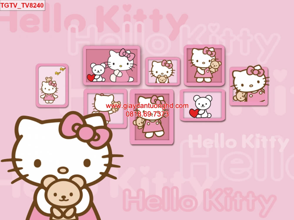 Tranh dán tường hoạt hình cho bé, giấy dán tường Hello Kitty màu hồng