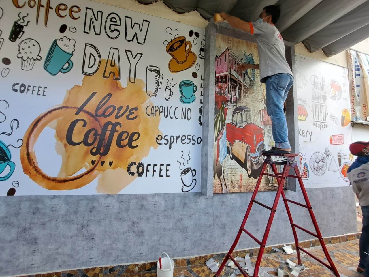 Giấy dán tường giả xi măng bê tông cho quán cà phê coffee