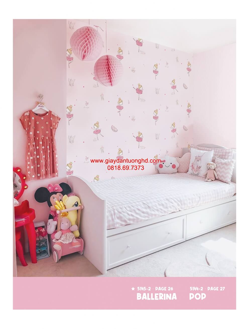Giấy dán tường trẻ em màu hồng, giấy dán phòng bé gái màu hồng, giấy dán tường búp bê màu hồng cho bé