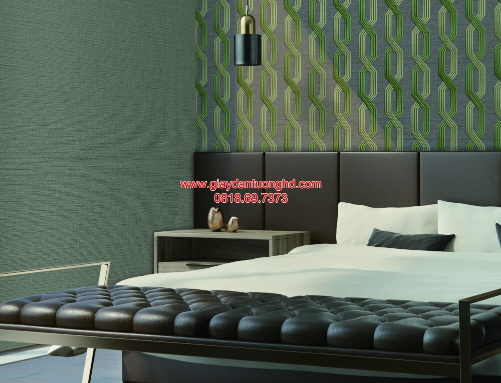Giấy dán tường 3D phối với giấy dán tường trơn màu xanh cho phòng ngủ đẹp