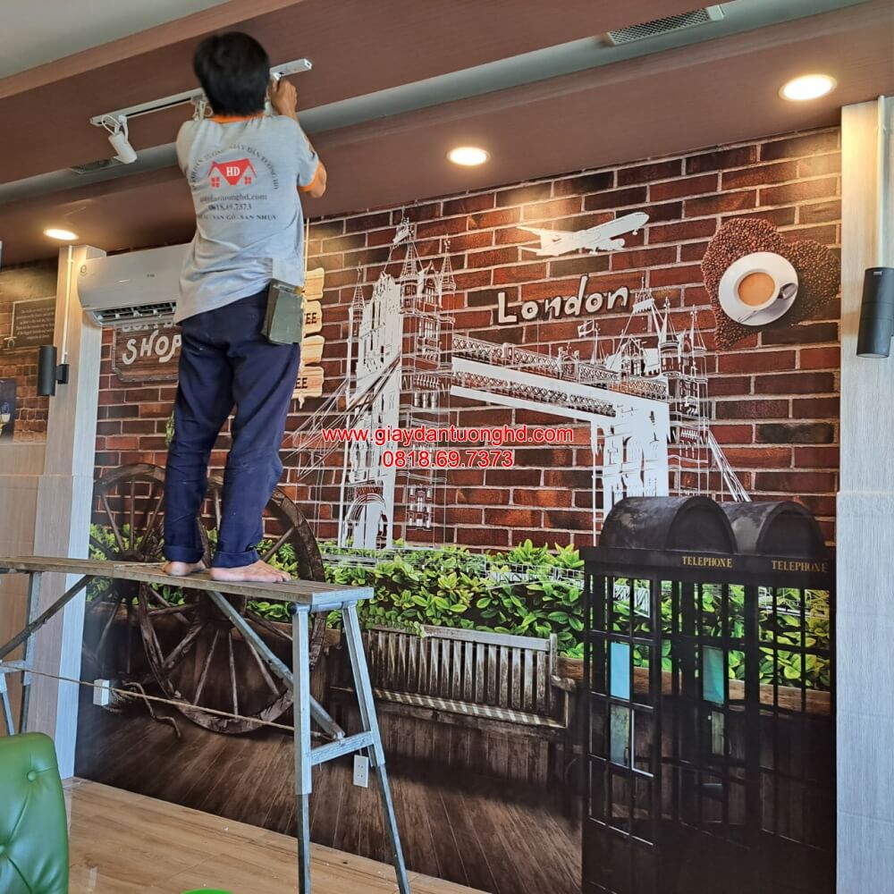 Tranh dán tường quán cafe mộc
